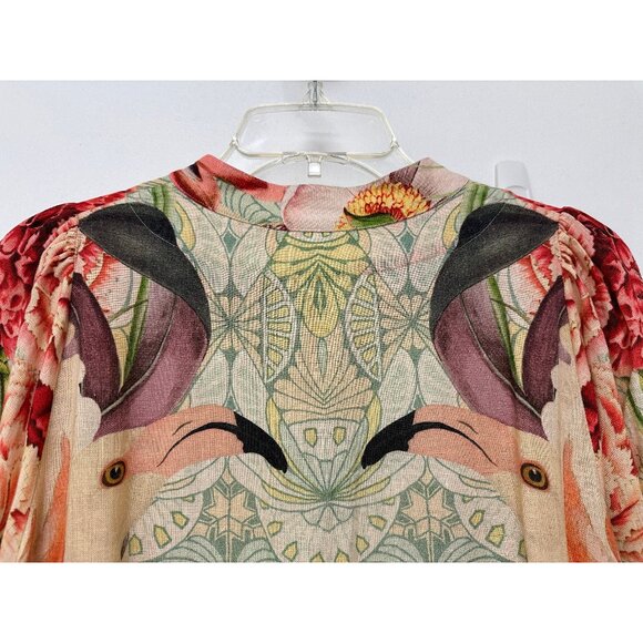 Carolina K Flamingo Bird Print Midi Shirt Dress Floral Tropical Red Linen L - Picture 10 of 13